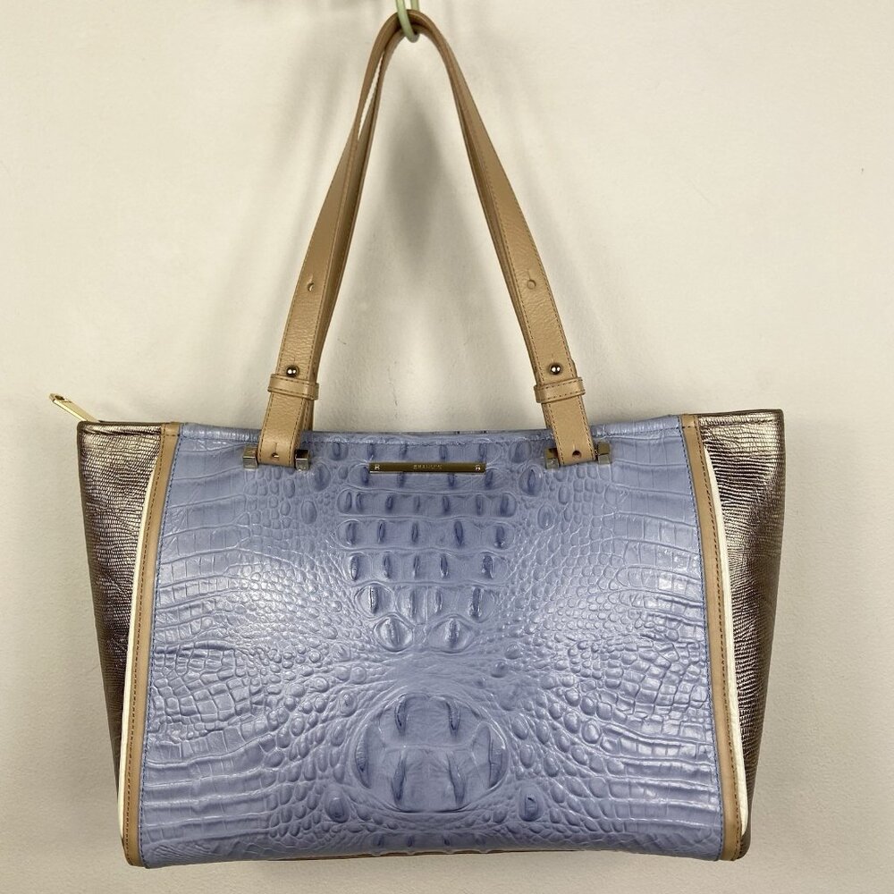 BRAHMIN Medium Arno Satchel Tote Leather Bag Lilac Periwinkle Silver - Picture 1 of 16